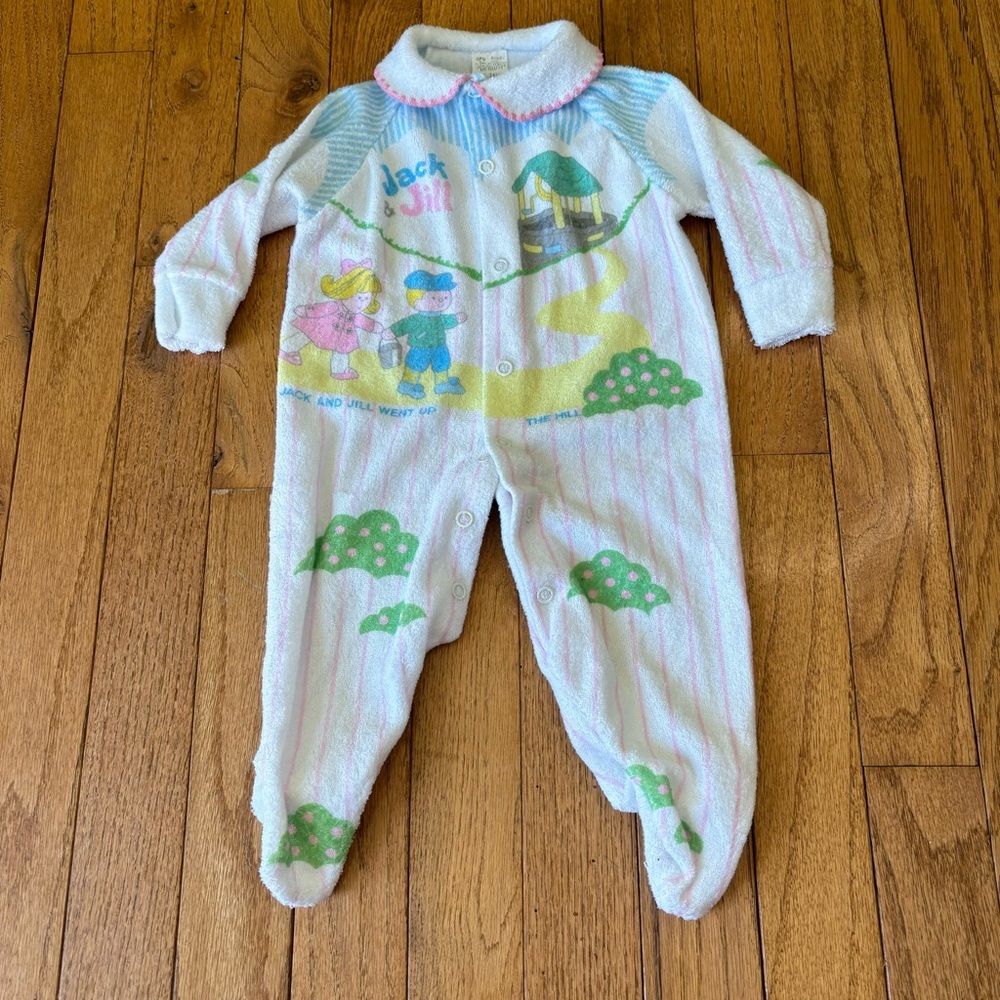 VINTAGE TEDDY BEARS JACK AND JILL GRAPHIC TERRY CLOTH PAJAMAS SIZE 6 MONTHS